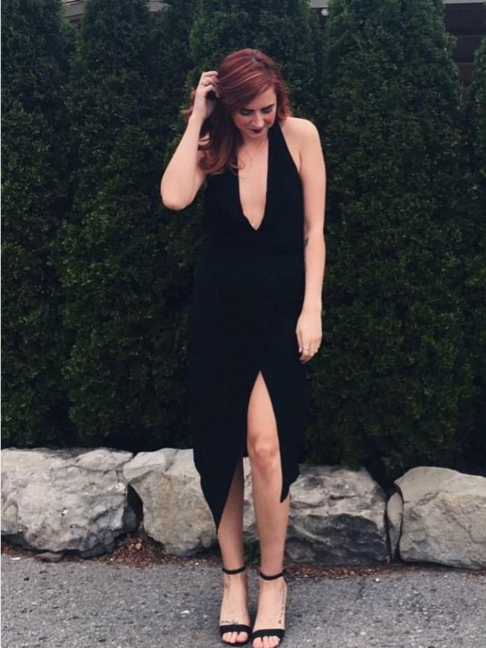 Mendocino Black Plunge Midi Dress with Front Slit